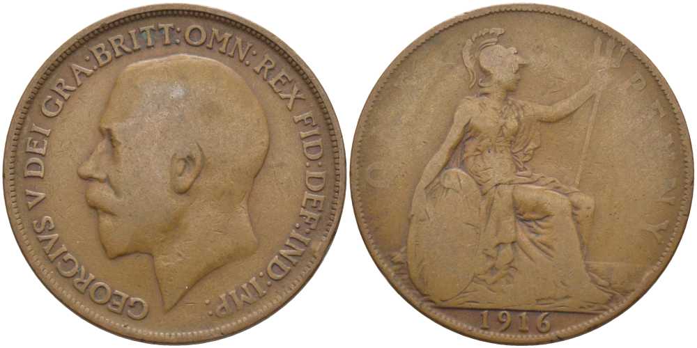 Великобритания 1 пенни 1916 Георг V (1910-1936) KM 810, Spink 4051 бронза 111-1235