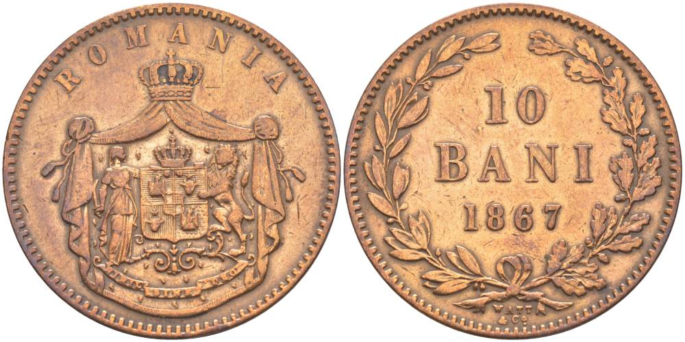 Румыния 10 бани 1867 монетный двор Watt&Co, Кароль I как принц (1866-1881) KM 4.2 медь 4545-1235