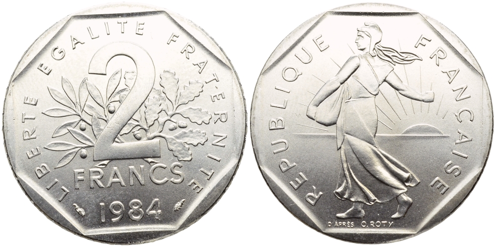 Франция 2 франка 1984 сеятель, тираж 50347 экземпляров KM 942.1, LE FRANC 272.8 никель UNC 1526-1341