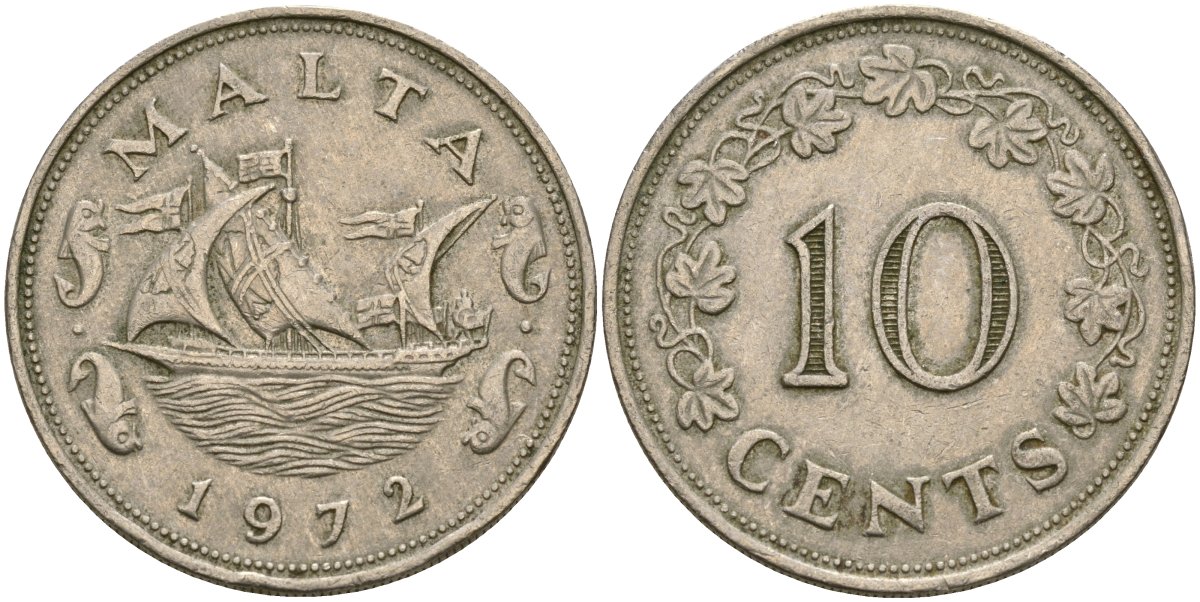 Мальта 10 центов 1972 баржа Великого магистра KM 11 медно-никель 4137-926