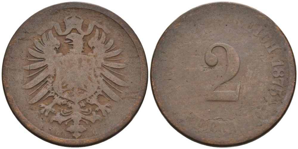 Германия 2 пфеннига 1875 C, старогербовка KM 2, J. 2 медь 4575-637