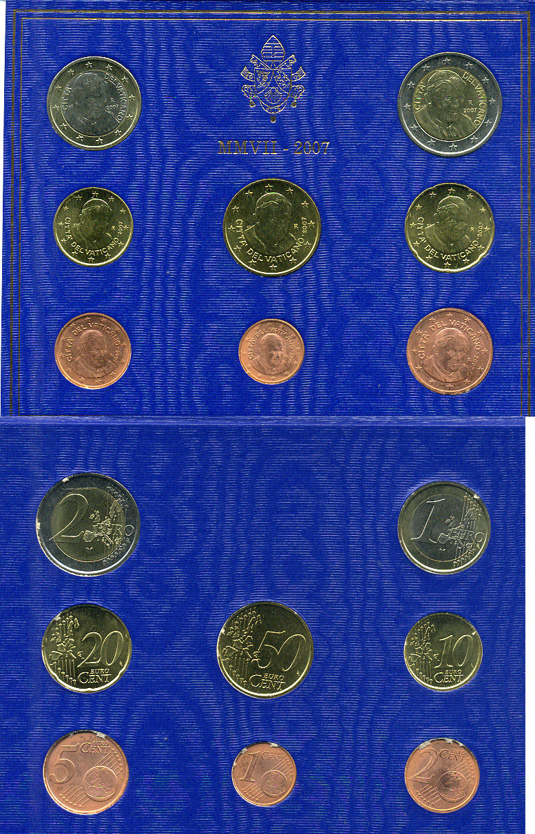 Ватикан евронабор из 8 монет 2007 Бенедикт XVI, в оригинальном буклете биметалл KM MS 114 UNC 1-4-4-03