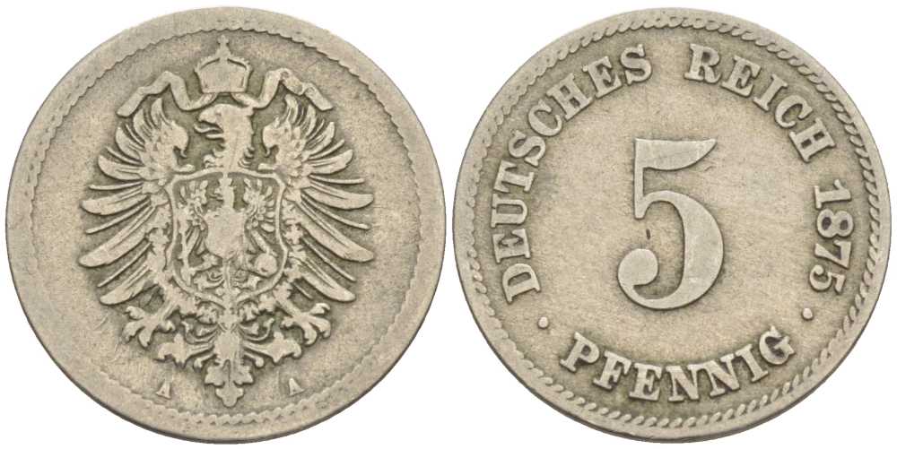 ГЕРМАНИЯ 5 ПФЕННИГОВ 1875 А, СТАРОГЕРБОВКА KM 3, J. 3 медно-никель 100-414
