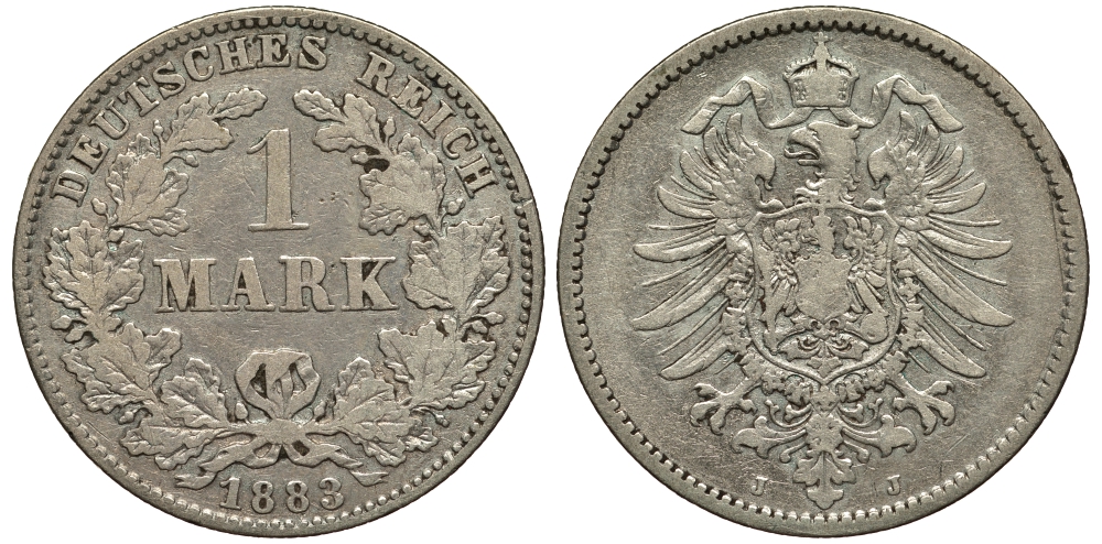 Германия 1 марка 1883 J Weege 17, J. 9, KM 7 серебро 413-5022