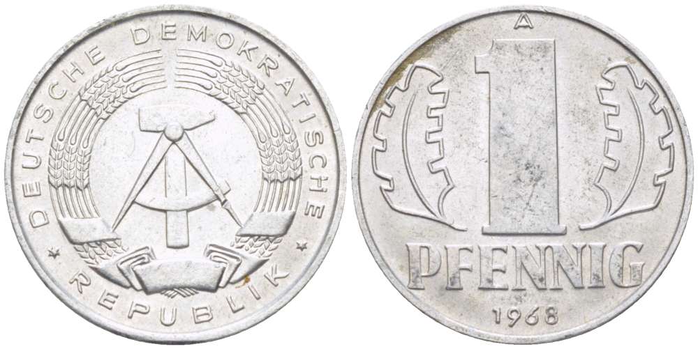ГДР 1 ПФЕННИГ 1968 А KM 8.1 алюминий 179-1067