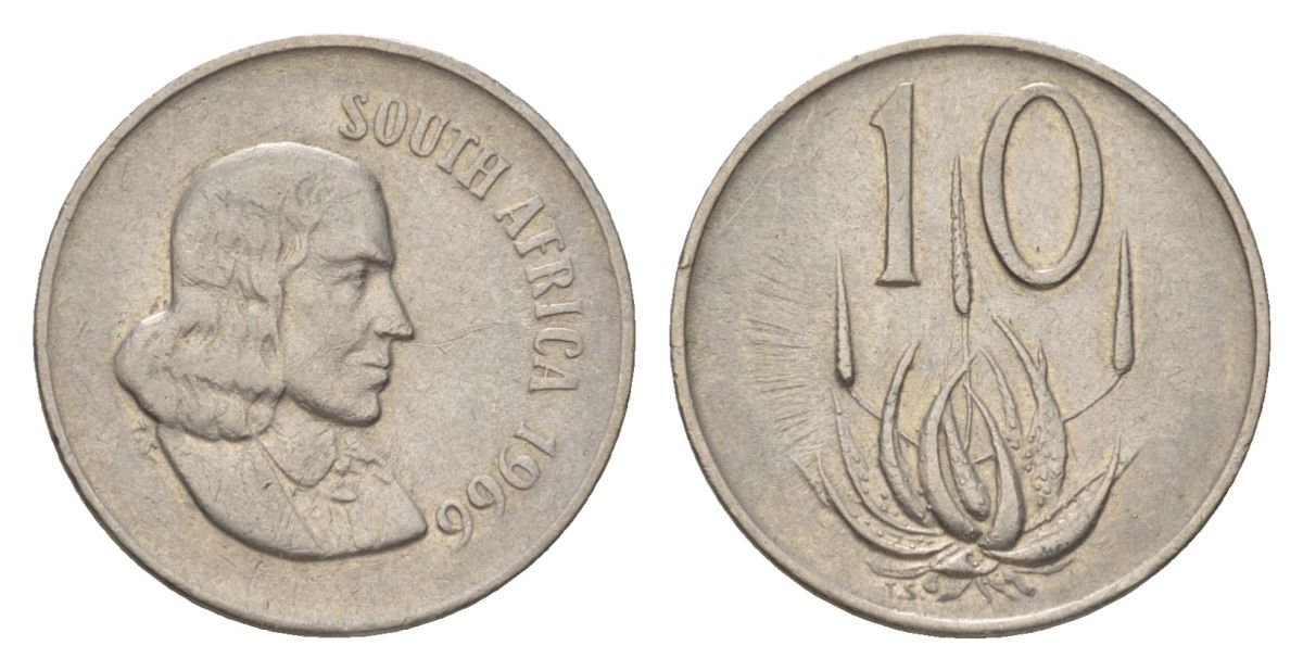ЮАР 10 центов 1966 Ян ван Рибек (1619-1677), South Africa, легенда на африкаанс, цветок алоэ KM 68.1 никель 4627-218