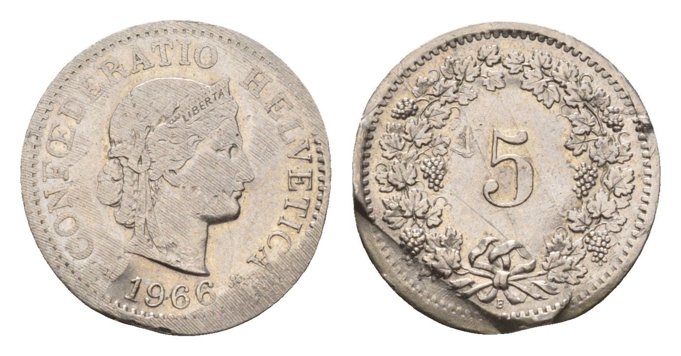 Швейцария 5 раппенов 1966 B, брак чекана KM 26 медно-никель 46-1138