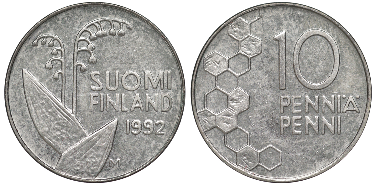 ФИНЛЯНДИЯ 10 ПЕННИ 1992 M, ЛАНДЫШ KM 65 медно-никель 3334-1162