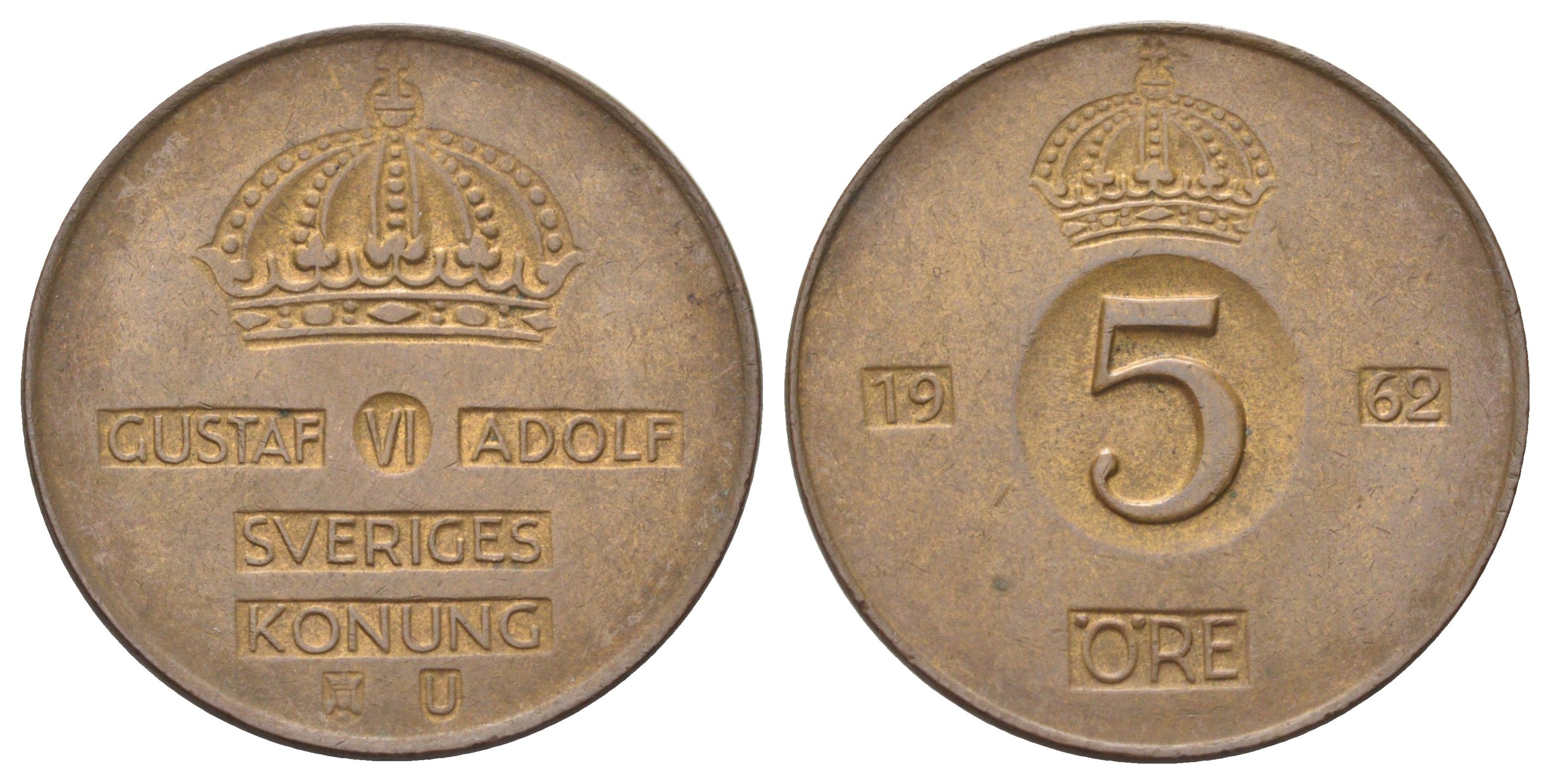 Швеция 5 эре 1962 Густав VI Адольф (1950-1973) KM 822 бронза 4700-735