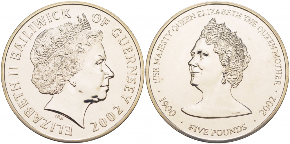 Гернси 5 фунтов 2002 королева Елизавета, королева мать KM 127 медно-никель UNC 04-092-44