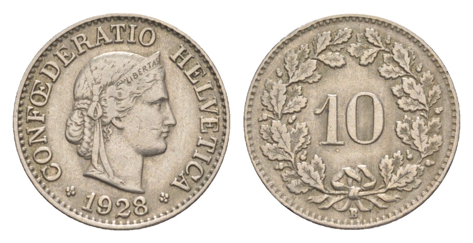 Швейцария 10 раппенов 1928 B KM 27 медно-никель 4627-1031