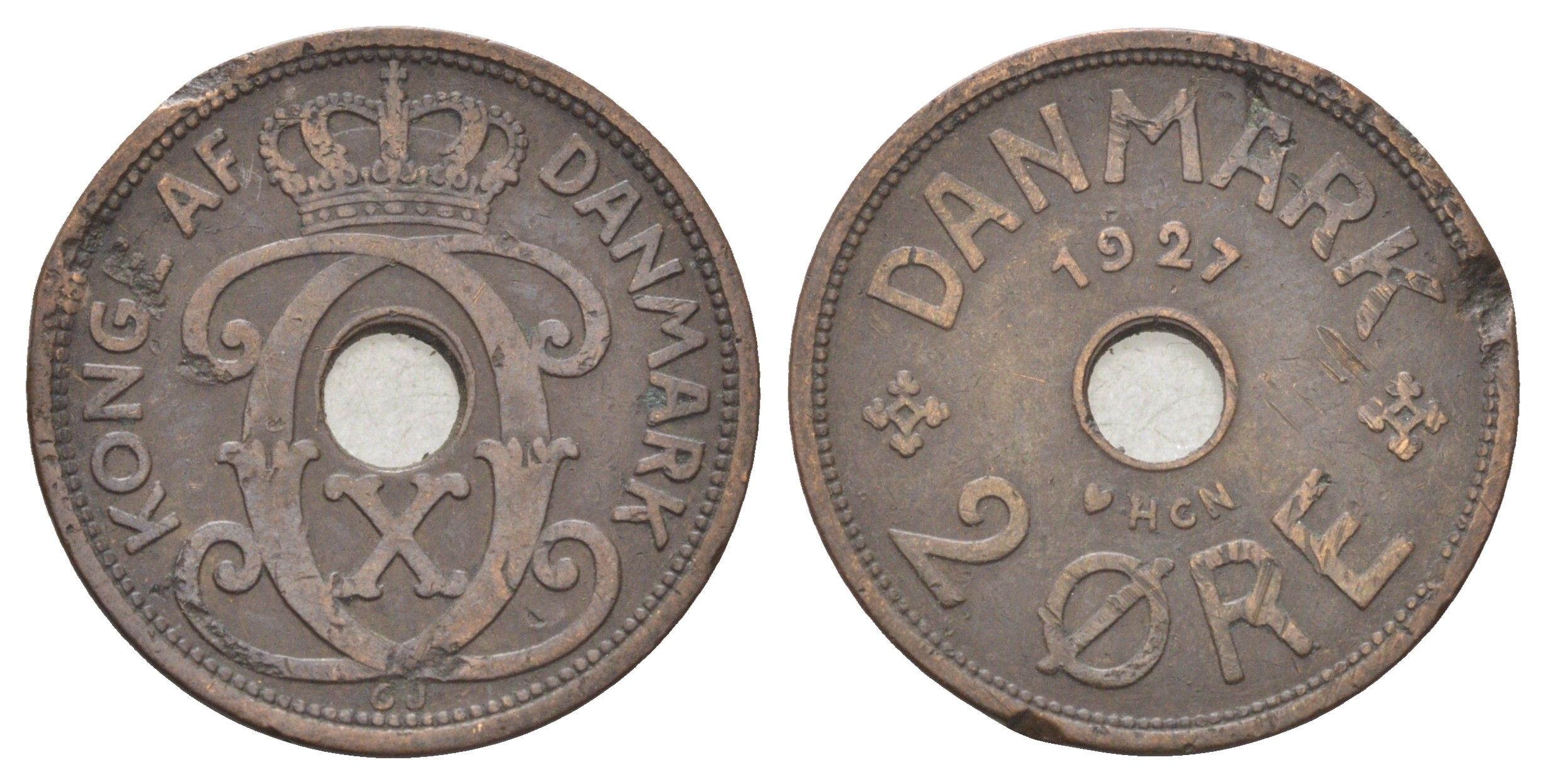 Дания 2 эре 1927 NCH, Кристиан X (1912-1947) KM 827 бронза 4701-651