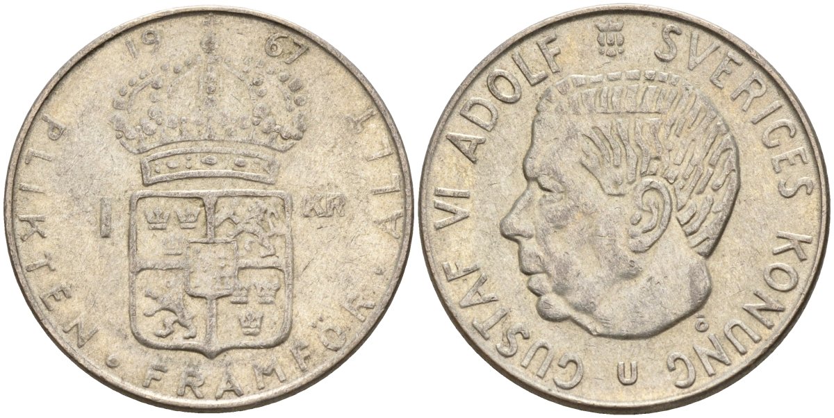 Швеция 1 крона 1967 U, Густав VI Адольф (1950-1973) KM 826 серебро 4150-224