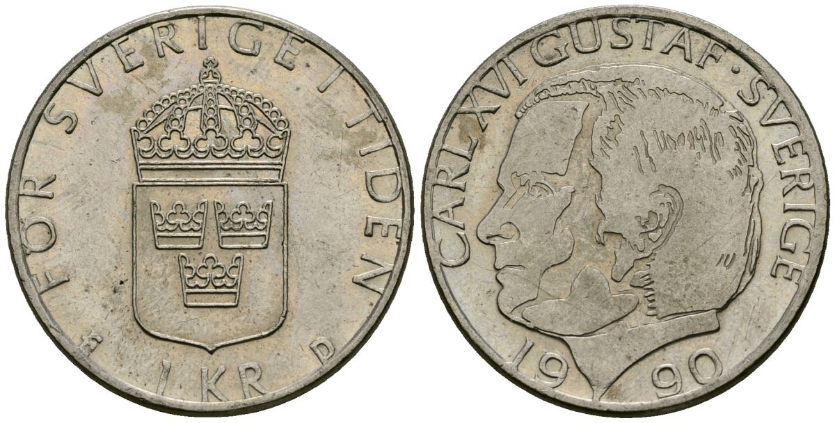 Швеция 1 крона 1990 Карл XVI Густав (1973- ) KM 852a медно-никель 114-1125