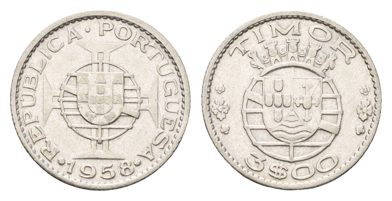Португальский Тимор 3 эскудо 1958 год-тип KM 14 серебро 4669-813