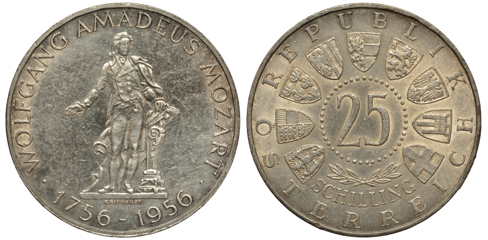 Австрия 25 шиллингов 1956 200 лет со дня рождения Моцарта KM 2881 серебро aUNC 1520-221