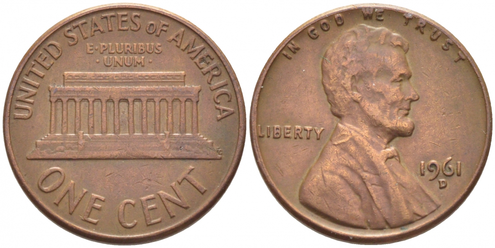 США 1 цент 1961 D, Авраам Линкольн KM 201 медь цинк 105-1051