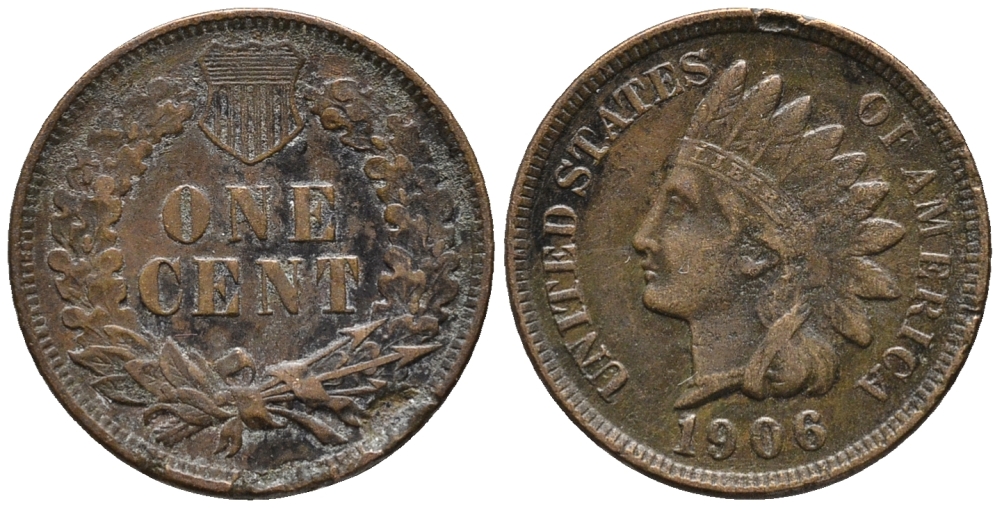 США 1 ЦЕНТ 1906 ГОЛОВА ИНДЕЙЦА KM 90а бронза 66-168