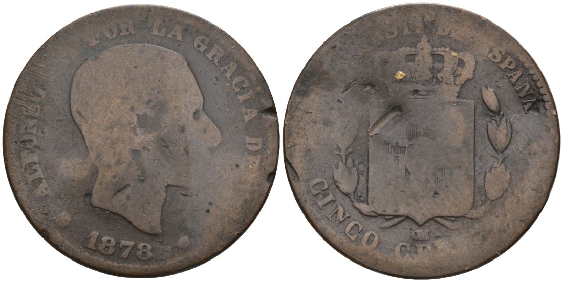 Испания 5 сентимо 1878 OM, АЛЬФОНСО XII KM 674 бронза 4573-921
