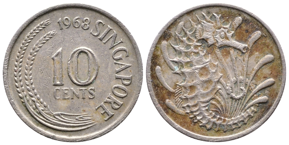 Сингапур 10 центов 1968 морской конек KM 3 медно-никель 177-1148