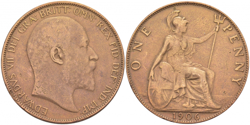 Великобритания 1 пенни 1906 Эдуард VII (1901-1910) KM 794.2, Spink 3990 бронза 51-4226