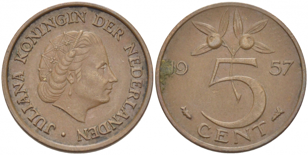 НИДЕРЛАНДЫ 5 ЦЕНТОВ 1957 ЮЛИАНА KM 181 бронза 214-812