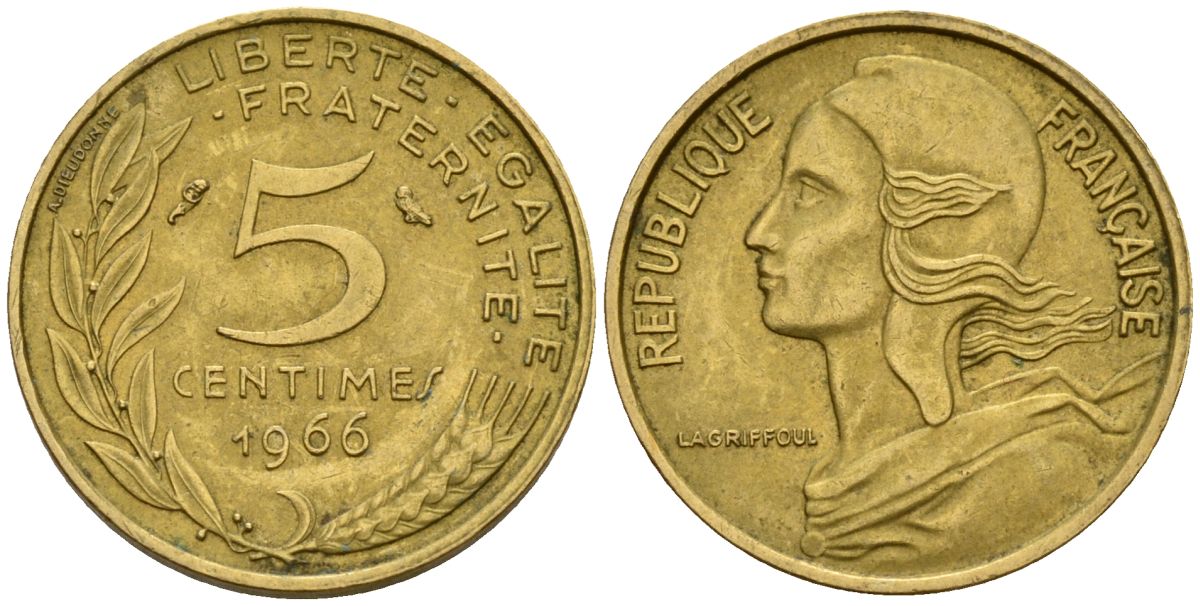 Франция 5 сантимов 1966 KM 933 алюминиевая бронза 4152-432