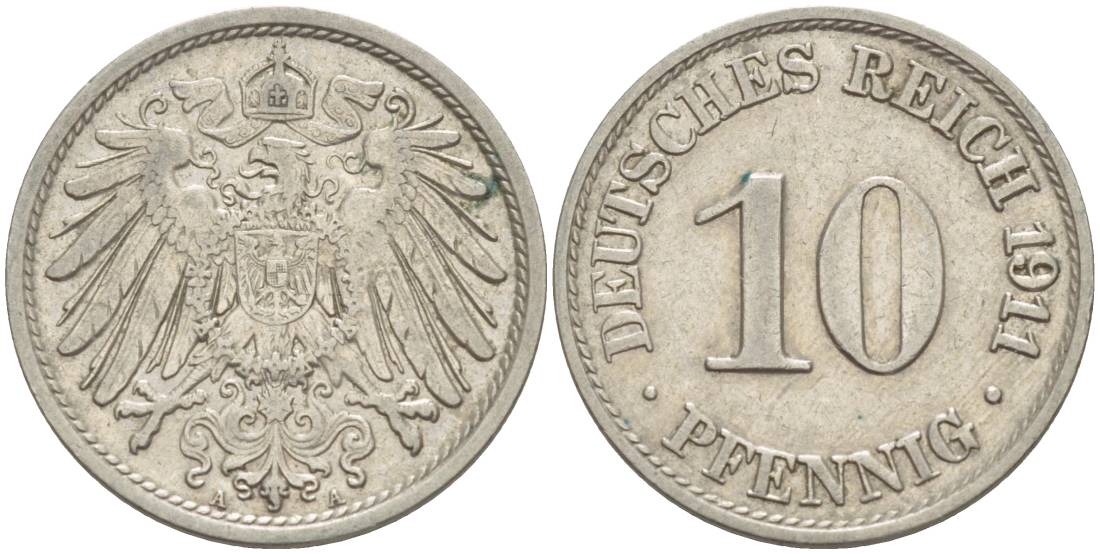 Германия 10 пфеннигов 1911 A KM 12, Jager 13, Weege 8 медно-никель 219-213