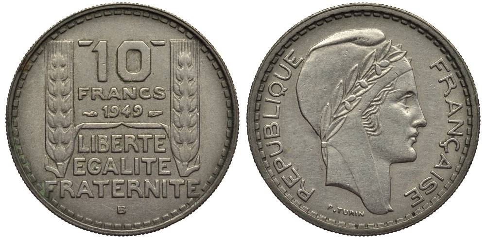 Франция 10 франков 1949 B, тип Пьер Турин, PETIT TETE KM 909.2, LE FRANC 362.7 медно-никель 27-835