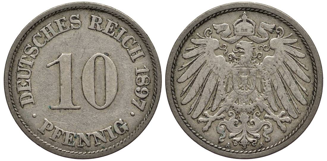 Германия 10 пфеннигов 1897 A KM 12, Jager 13, Weege 8 медно-никель 4538-1051