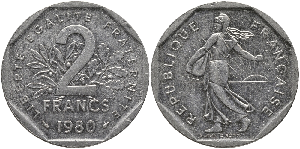 ФРАНЦИЯ 2 ФРАНКА 1980 СЕЯТЕЛЬ KM 942.1, LE FRANC 272.4 никель 65-1026