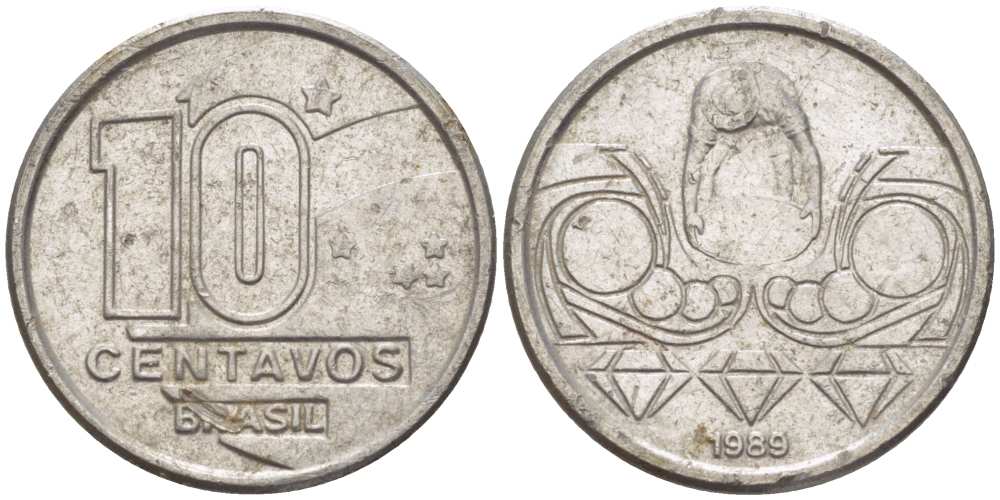 Бразилия 10 сентаво 1989 золотодобыча KM 613 нержавеющая сталь 112-151