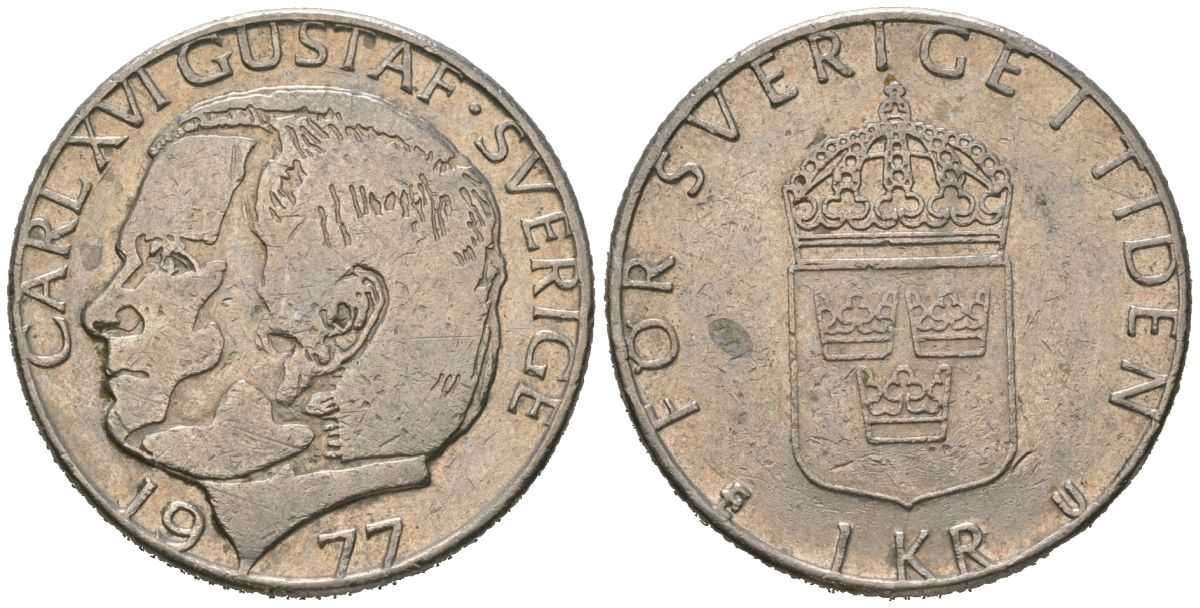 Швеция 1 крона 1977 Карл XVI Густав (1973- ) KM 852 медь плакированная медно-никелем 4620-415