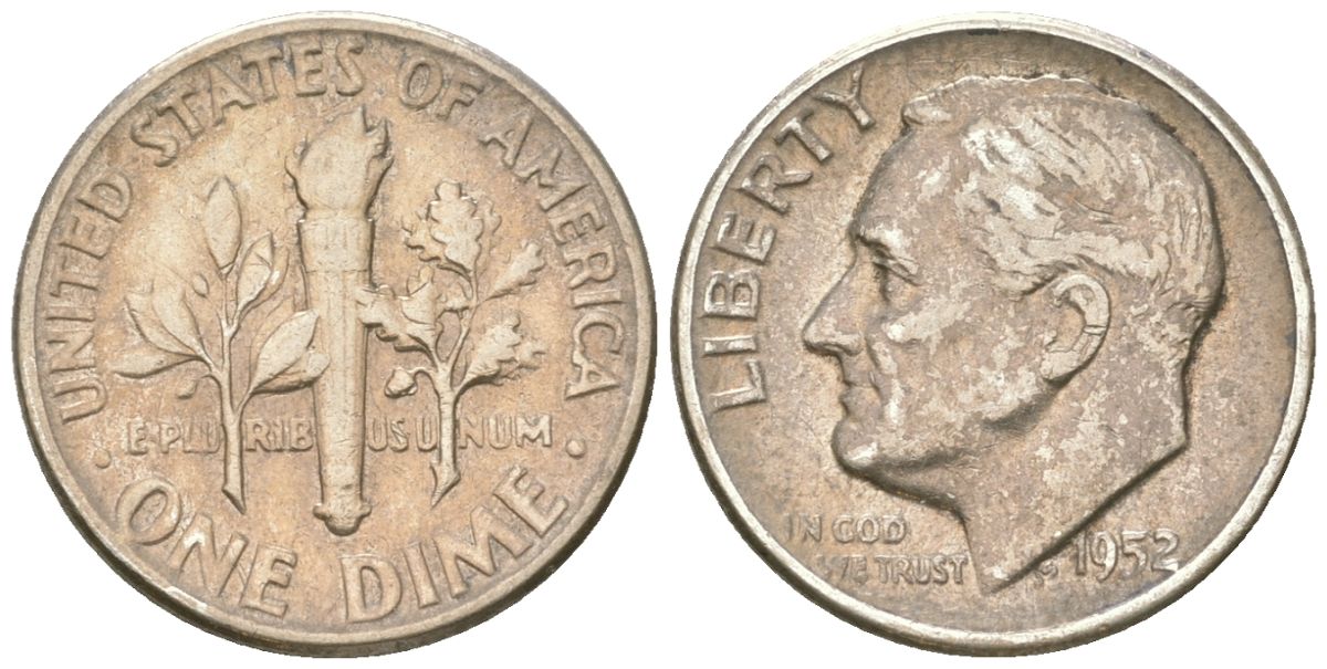 США 10 центов (дайм) 1952 президент Рузвельт KM 195 серебро 4549-823