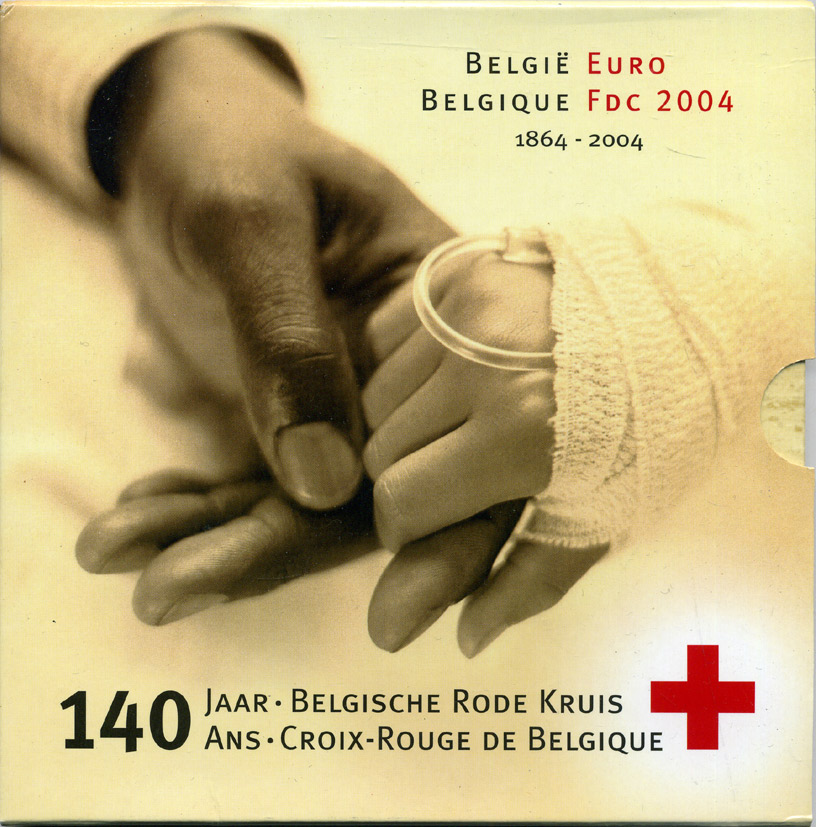 Бельгия евронабор из 8 монет + жетон 2004 140 лет Бельгийскому обществу Красного креста, Жан-Анри Дюнан, в оригинальном буклете    UNC биметалл 6-5-3-24
