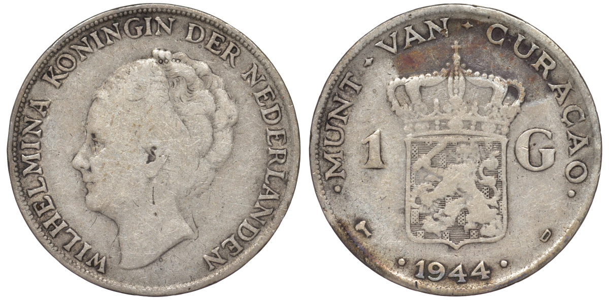 Нидерландское Кюрасао 1 гульден 1944 D, Вильгельмина (1890-1948) KM 45 серебро 36-443