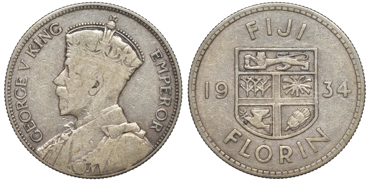 Фиджи 1 флорин 1934 Георг V (1910-1936), герб Фиджи KM 5 серебро    91-1114