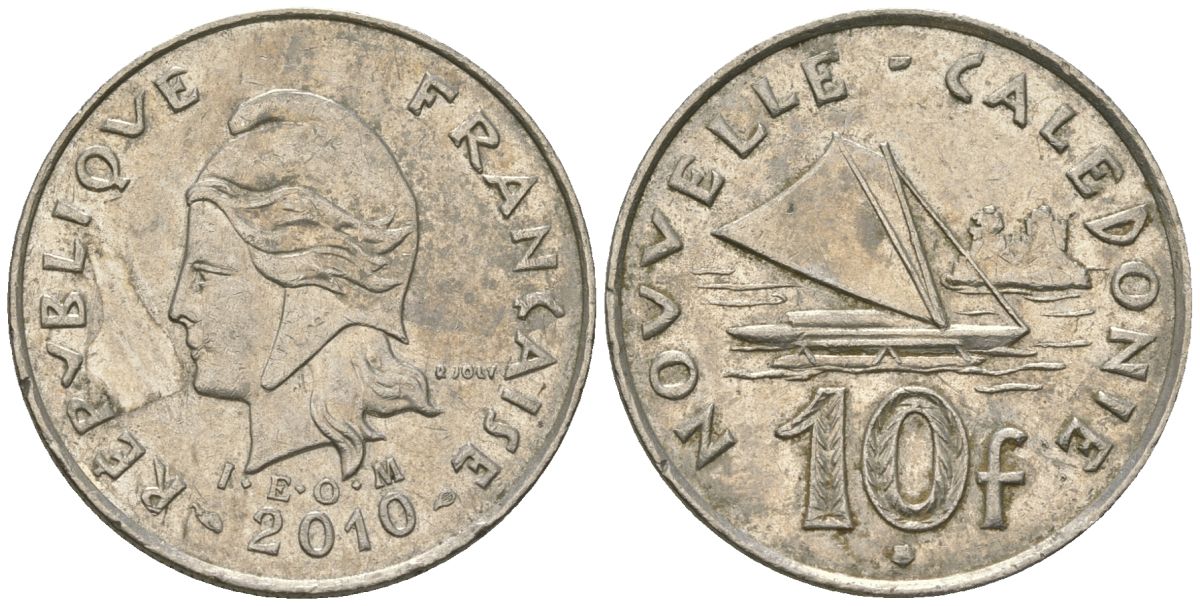 Французская Новая Каледония 10 франков 2010 рыбачья парусная лодка, (IEOM) KM 11a, Schoen 13a, Lec 99k медно-никель 63-256