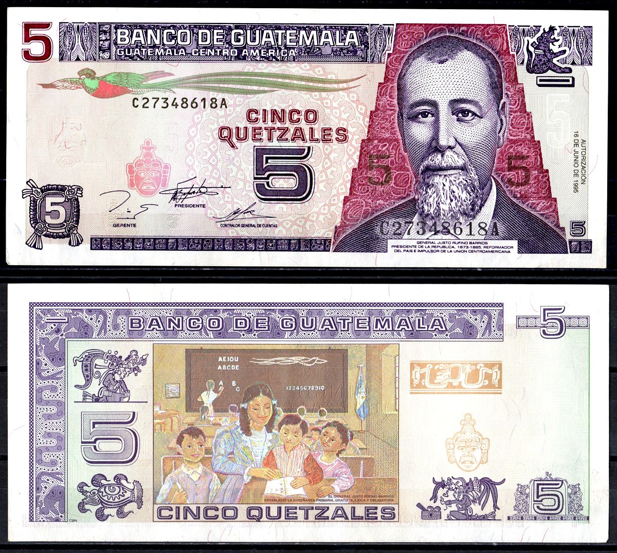 Гватемала 5 кетсалей 1995 Pick 88c бумага aUNC 6266-50-1-2