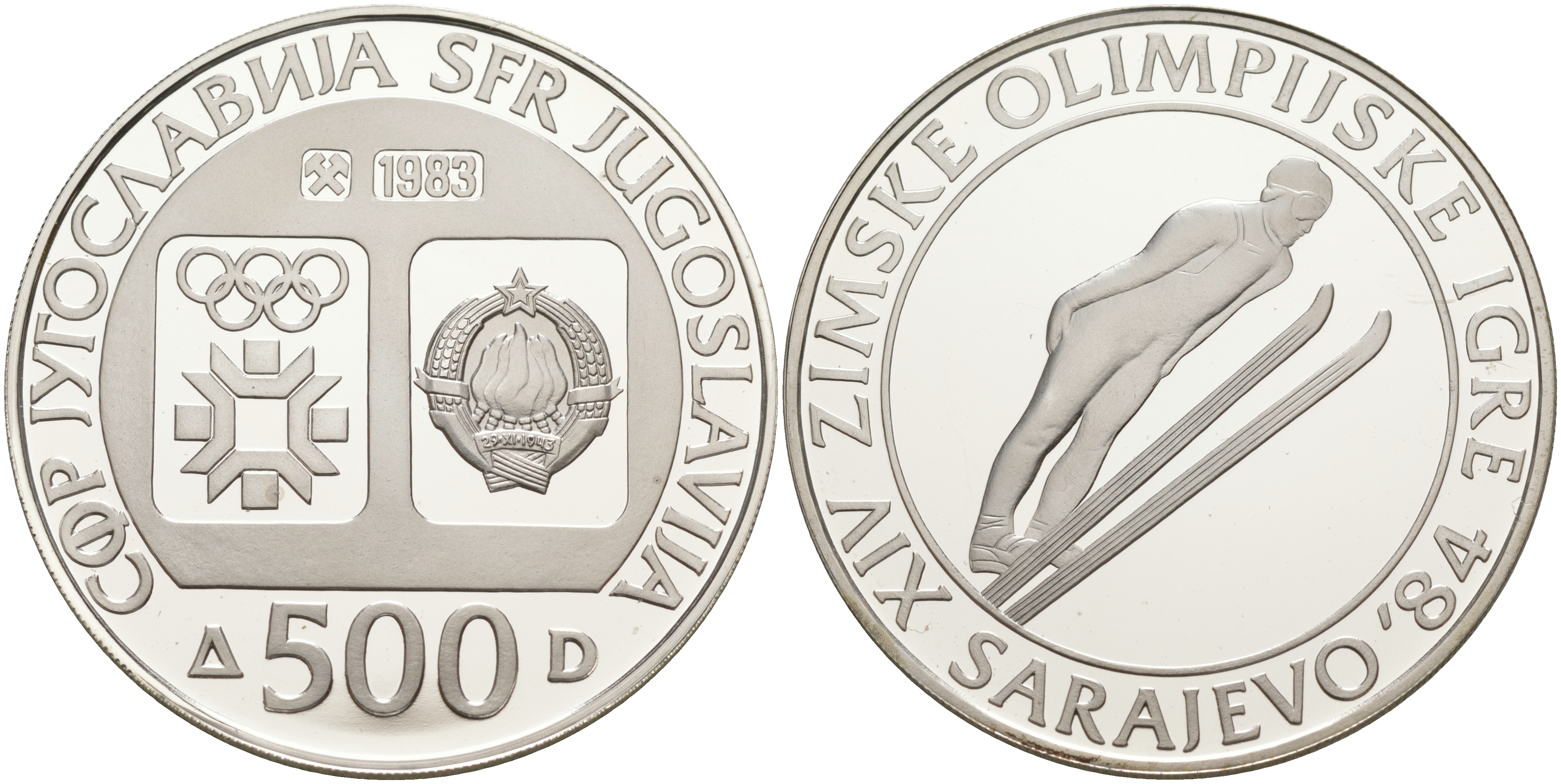 Югославия 500 динаров 1983 олимпийские игры 1984 года в Сараево, прыжки с трамплина KM 102 серебро PROOF 00-00