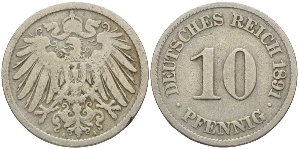 ГЕРМАНИЯ 10 ПФЕННИГОВ 1891 A KM 12, J. 13 медно-никель 4401-922