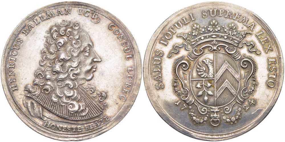 Любек медаль 1724 портрет бургомистра Хейнриха Балеманна диаметр 40,47 мм, вес 21,95 гр, about extremely fine Behrens 711 a; R?hl 300.44 серебро 00-814-08