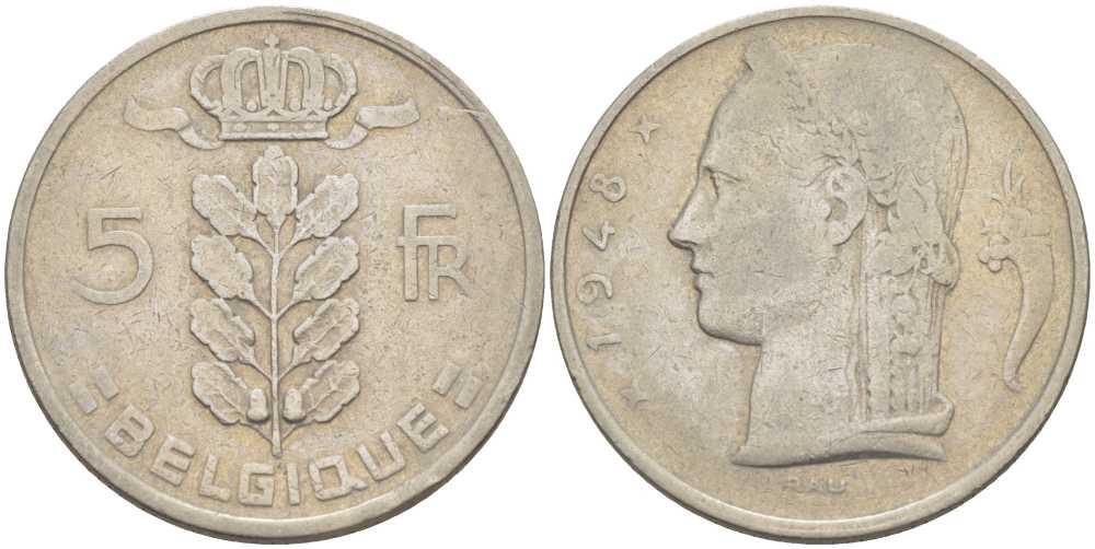 БЕЛЬГИЯ 5 ФРАНКОВ 1948 BELGIQUE, ЛЕОПОЛЬД III (1934-1950) KM 134.1 медно-никель 213-545