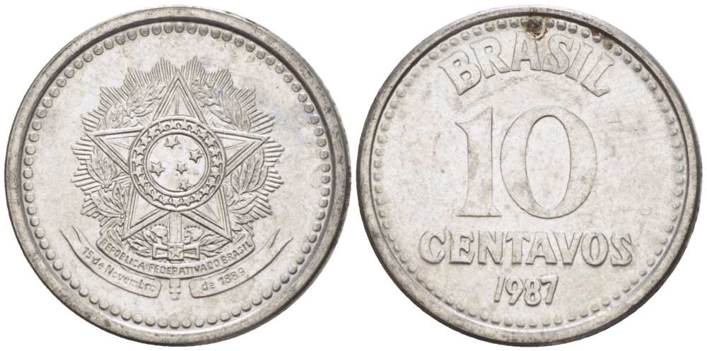 БРАЗИЛИЯ 10 СЕНТАВО 1987 РЕФОРМА 1986-1989 KM 602 нержавеющая сталь 105-263