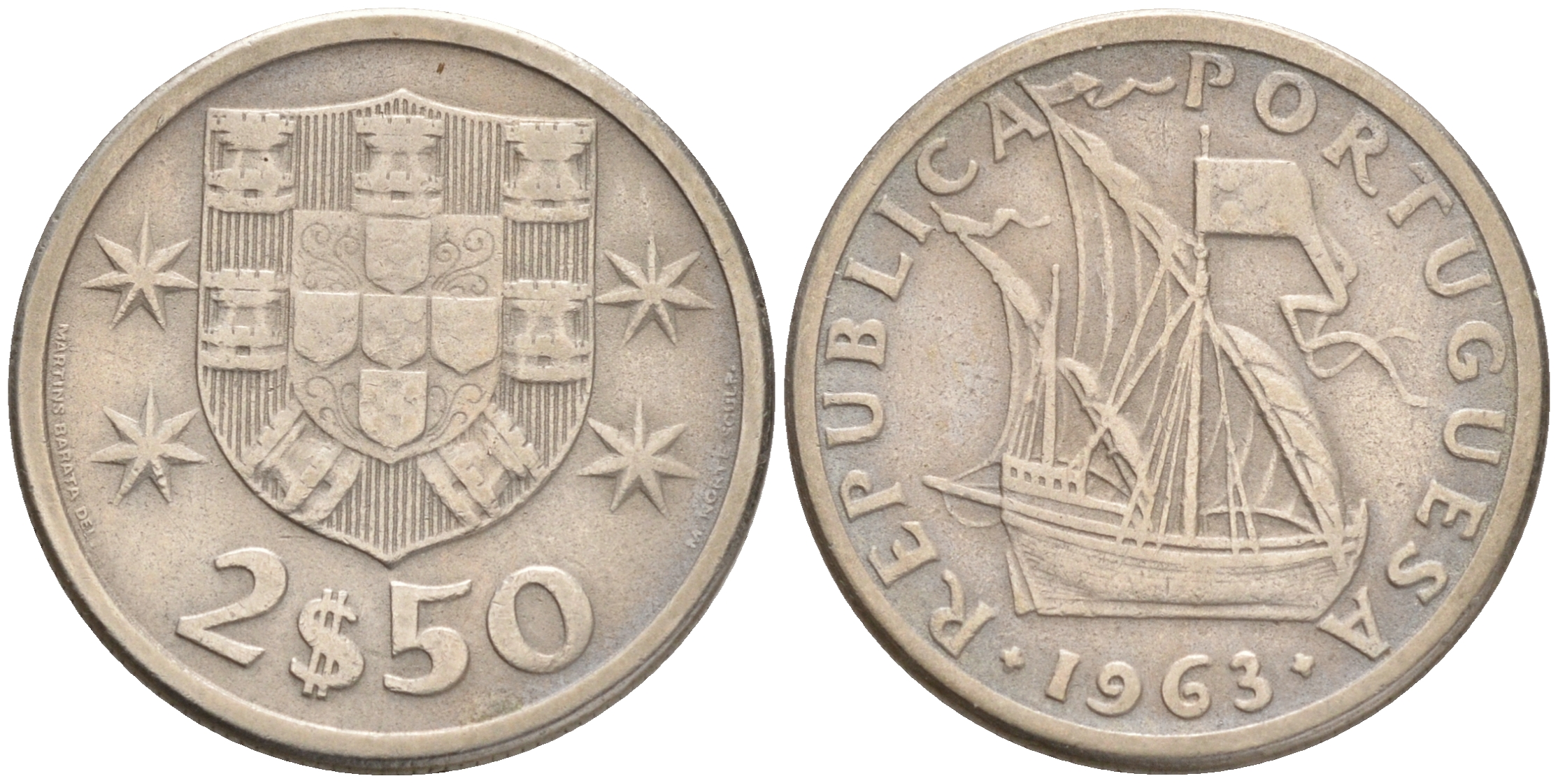 Португалия 2,5 эскудо 1963 парусник KM 590 медно-никель 75-1146