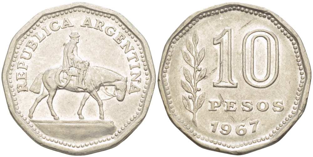Аргентина 10 песо 1967 Гаучо KM 60 никелированная сталь 4514-944