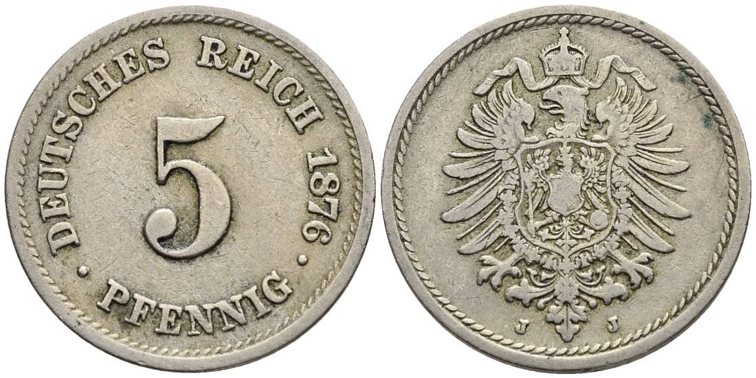 ГЕРМАНИЯ 5 ПФЕННИГОВ 1876 J, СТАРОГЕРБОВКА KM 3, Jager 3, Weege 5 медно-никель 4546-1047