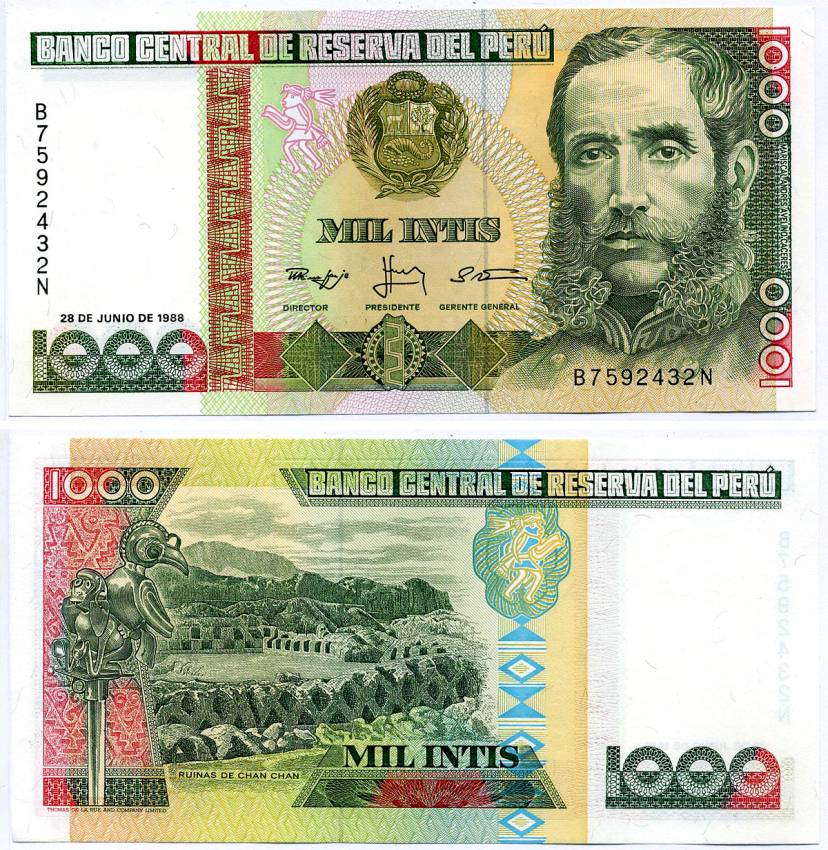 Перу 1000 инти 1988 Андрес Авелино Касерес, руины Чан-Чан Pick 136 b бумага UNC (пресс) 8589-43-1-1