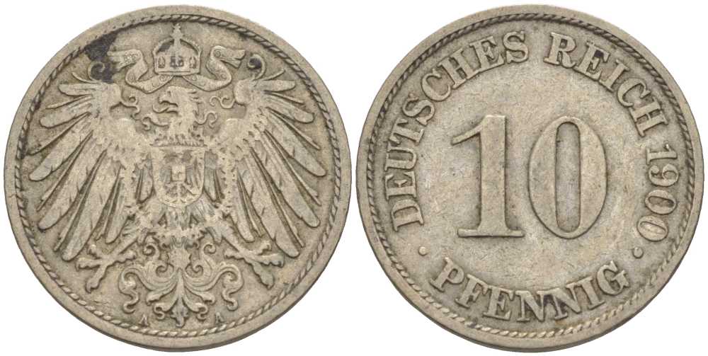 Германия 10 пфеннигов 1900 A KM 12, J. 13 медно-никель 4401-1137