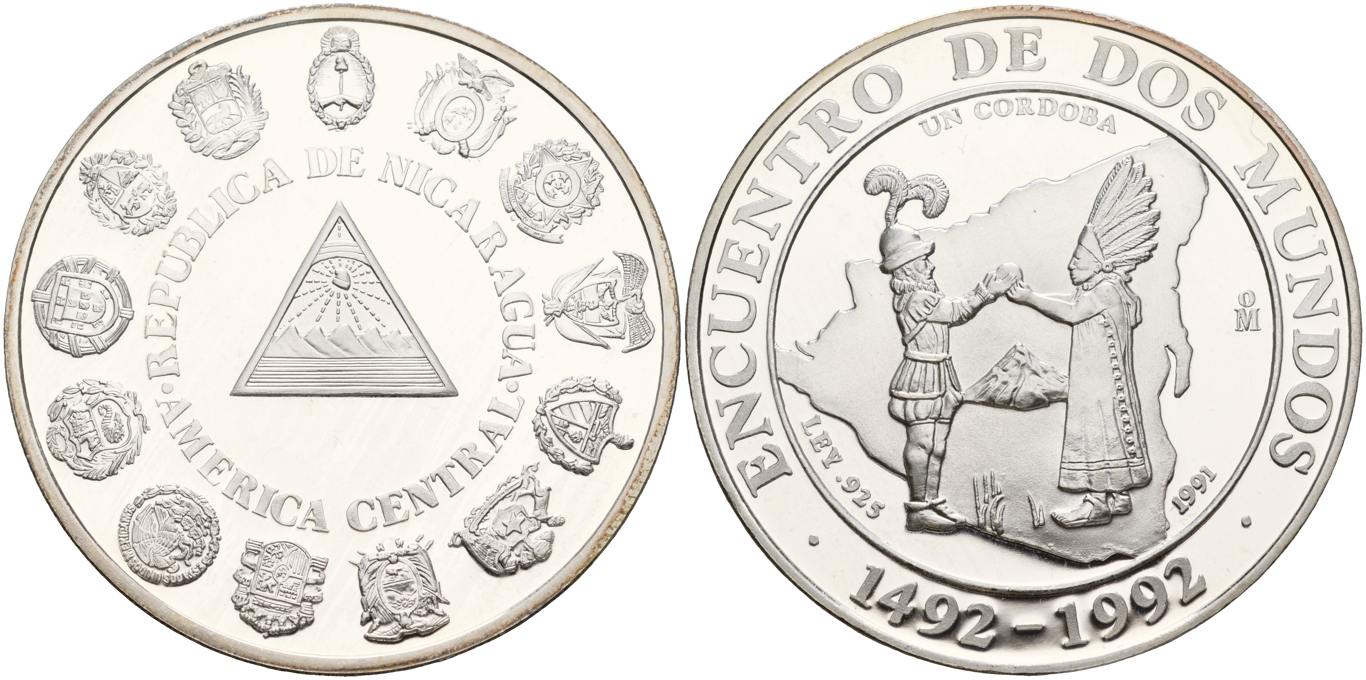 Никарагуа 1 кордоба 1991 встреча двух миров, конкистадор и вождь индейцев KM 77 серебро PROOF 11-082-24